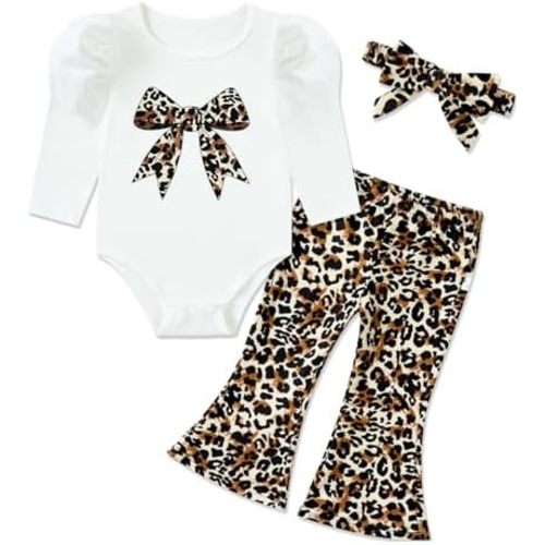 Baby Girl Romper Set and Bell Bottom Pant with Bow Headband Infant Fall Outfit 6-18 Month