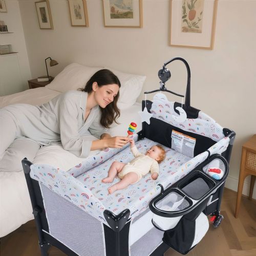 Kinder King 4-in-1 Portable Nursery Center and Bedside Crib with Bassinet, Changing Table, Storage Basket, Side Zipper & Travel Bag