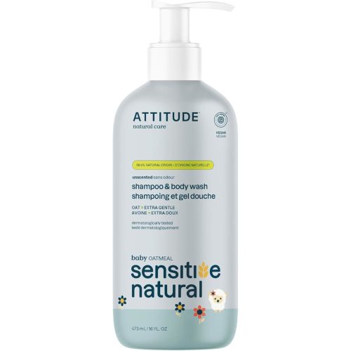 ATTITUDE 2-in-1 Shampoo and Body Wash for Baby, EWG Verified, Plant- and Mineral-Based Ingredients, Vegan and Cruelty-Free Products for Sensitive Skin, Unscented, 16 Fl Oz