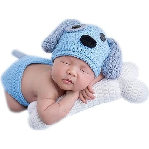 Newborn Baby Girl/Boy Crochet Knit Costume Photography Prop Hats and Outfits (Puppy and Bone Treat)