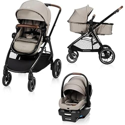 Maxi-Cosi New Generation Zelia Luxe 5-in-1 Modular Travel System, Carriage Mode, Reversible Toddler Seat, Mico Infant Car Seat (included), Enhanced All-Terrain Wheels, Use from Birth – New Hope Tan