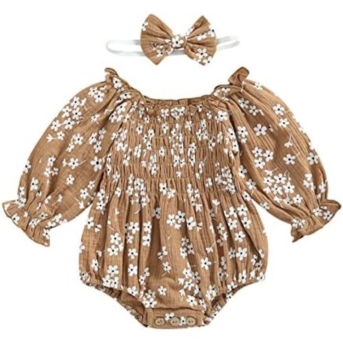 2pcs Infant Baby Girls Romper Dress Headband Long Sleeve Clothing Flowers Newborn Boho Girl Outfit Jumpsuit Clothes