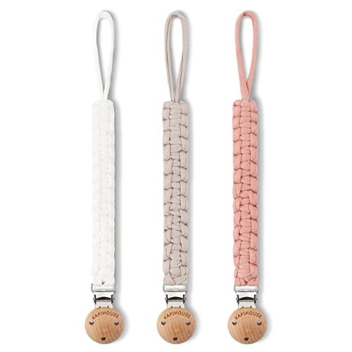 Pacifier Clip for Girl 9.2 Inch Pacifier Leashes woodern Clips Teething Toy with Handmade Braided Cotton Modern Unisex Baby Shower Birthdays Christmas Set (3 Pack Grils) - White beige pink
