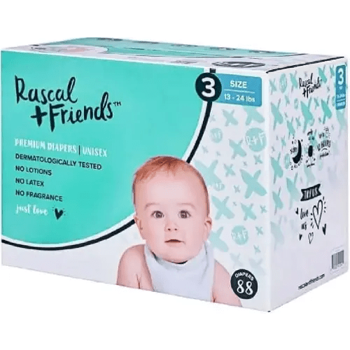 Rascal + Friends Premium Quality Diapers, M93337, Size 3, 88 Count, Pack - 1, White (Packaging&Print May Vary)