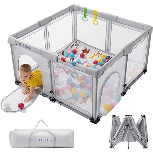 Foldable Baby Playpen, 1-Minute Setup, Lightweight Portable Playpen with Carry Bag, 50"x50" Indoor Outdoor Play Yard for Babies & Toddlers,Light Gray