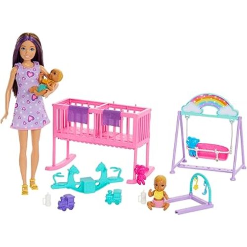 Barbie Skipper Doll & Nursery Playset with Accessories, Includes Twin Baby Dolls, Crib, Swing, See-Saw & More