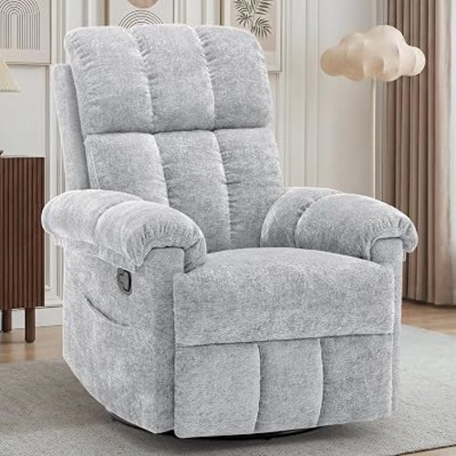 Korser Recliner Chair, Swivel Rocker Recliner Chair for Adults, Small Recliners for Small Spaces, Comfy Manual Recliner, Upholstered Nursery Rocking Chair for Living Room, Chenille, Silver Grey