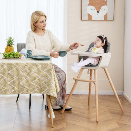 3-in-1 Convertible Wooden High Chair With Cushion-Light Gray