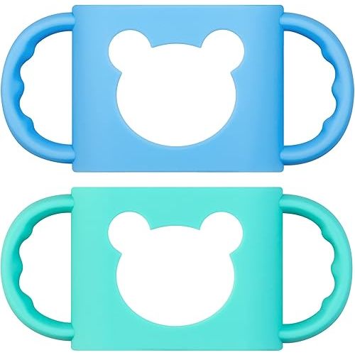 Baby Bottle Handles, Durable Food Grade Silicone Transitional Sippy Cup Handle Grip for Wide-Neck Baby Bottles, Cute Bear Design, Pack of 2, Blue & Turquoise