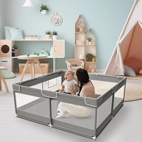 Baby Playpen, 50 x 50 inch Baby Playard, Travel Pack N Play, Pack and Play for Indoor & Outdoor, Playpen for Babies and Toddlers, Baby Fence Play Pen, with Soft Breathable Mesh, Grey