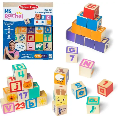 Ms. Rachel Melissa & Doug Letter, Number, and Game Wooden Learning Blocks with Activity Cards for Girls and Boys Toddlers Ages 18 Months+ - FSC-Certified