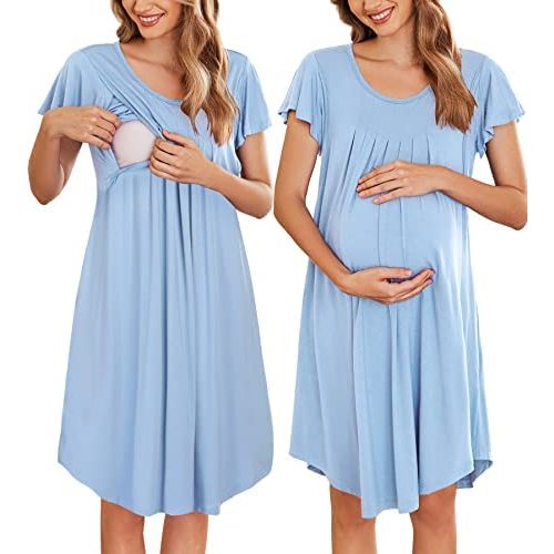 Ekouaer Nursing Nightown Labor and Delivery Gown for Hospital Pleated Breastfeeding Dress Short Sleeve Maternity Sleepwear