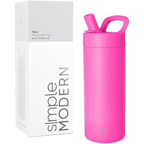 Simple Modern Kids Water Bottle with Straw lid | Insulated Stainless Steel Thermos | Reusable Water Bottles for Girls, School & Sports | Leak Proof & BPA Free | Mesa Collection | 16oz, Raspberry Vibes