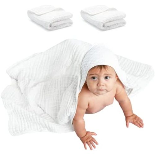 2 Pack Baby Hooded Muslin Cotton Towel for Kids, Large 32” x 32”, Ultra Soft, Warm, and Absorbent. Baby Essentials Bath Towels, Cute Unisex Cover for Girls and Boys by Comfy Cubs ( 2 Pack, White)