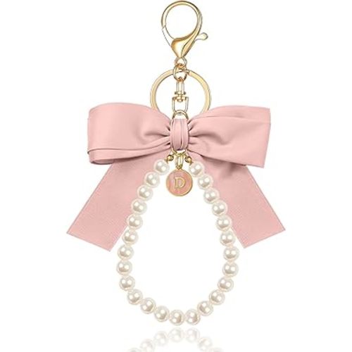 XGALBLA Initial Letter Cute Coquette Bow Keychain for Women, Wristlet Simulated Pearl Keychains Bag Charms for Handbags