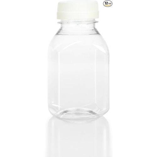 (12) 8 oz. Clear Food Grade Plastic Juice Bottles With Cap (12/pack) (White)