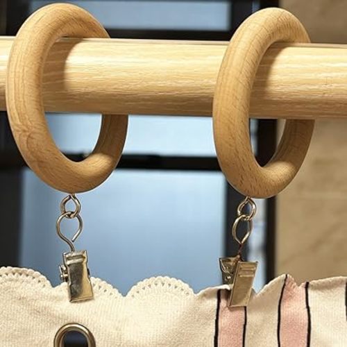 Wood Curtain Rings with Clips,Farmhouse Drapery Clips,Wooden Curtain Ring Hook Hangers Drapes Rings (12, 1.42 INCH Inner Dia)