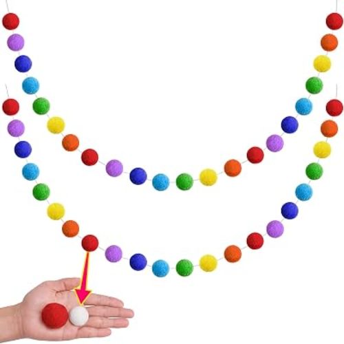 XmasExp Pom Pom Garland Decorations - Large Spring Felt Ball Garland for Mantle, Indoor Home Decor, Easter Tree Ornaments, Kids Room and Party Hanging Decor,13 Ft. (Rainbow,1.18")