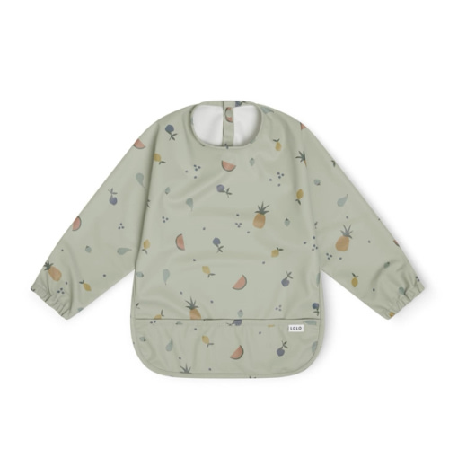 Lalo Smock Bib - Long Sleeve Baby Bib, Elastic Cuffs for Comfort, Large Catch-All Pocket, Waterproof Recycled Polyester - Durable Baby Smock Bib for Mealtime - Ages 6-24 Mo. - Fruit Print Sage