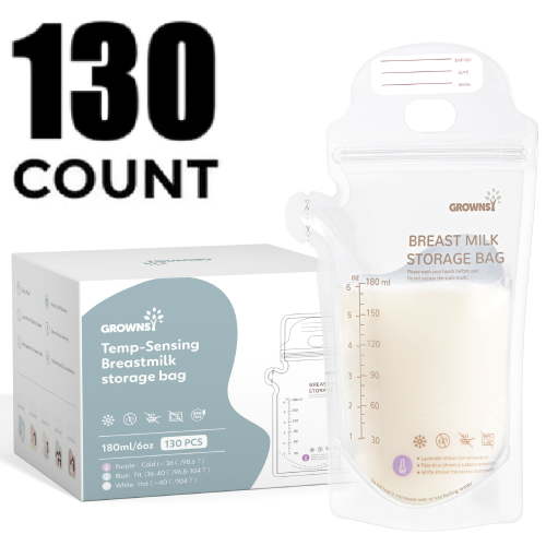 Grownsy 130 Ct Breastmilk Freezer Storage Bags, Leak Proof, Temp-Sensing, BPA-Free, White for Baby