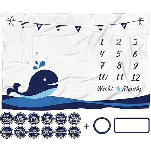 Milestone Blanket Boy, Whale Month Tracker, First Year Calendar Monthly Growth Chart, Photo Prop Mat, Baby Boy Shower Gifts, Nautical Nursery, (Minky 60"x40")