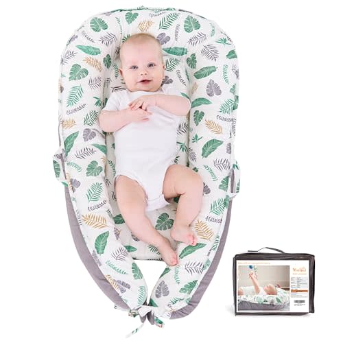 Baby Lounger - Baby Lounger for Newborn 0-24 Months Infant Lounger for Home and Travel Soft Cotton Baby Nest Lounger Newborn Babies Essentials Gifts Green Feather (Lounger Cover Included)