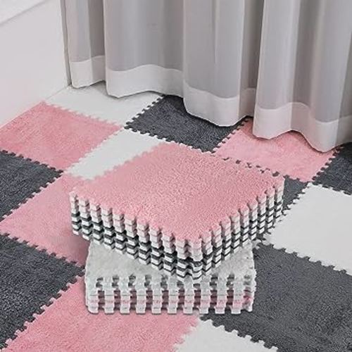 Amylove 36 Pcs Plush Foam Floor Mat Square Interlocking Carpet Tiles with Border Fluffy Play Mat Floor Tiles Soft Climbing Area Rugs for Home Playroom, 12 x 12 x 0.4 Inch (White, Gray, Pink)