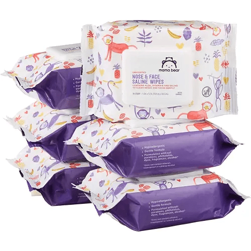 Amazon Brand - Mama Bear Saline Nose and Face Baby Wipes, Hypoallergenic, Unscented, 180 Count (6 Packs of 30)