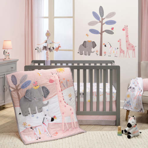 Jazzy Jungle 3-Piece Safari Animals Pink Baby Crib Bedding Set – Lambs & Ivy