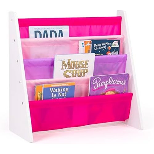 Humble Crew 4-Tier Kids Bookshelf, White Wood/Pink/Purple - Premium Book Shelf for Kids Rooms with Four Deep Pockets - Toddler Sling Book Rack with Deep Sleeves, Nursery Bookcase Organizer