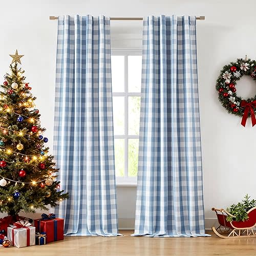 Buffalo Plaid Full Blackout Curtain Panels 84 Inches Length,Dusty Blue and White Farmhouse Drapes,Thermal Insulated Window Treatment for Bedroom Living Room,Rod Pocket Back Tabs,40"Wx84"Lx2