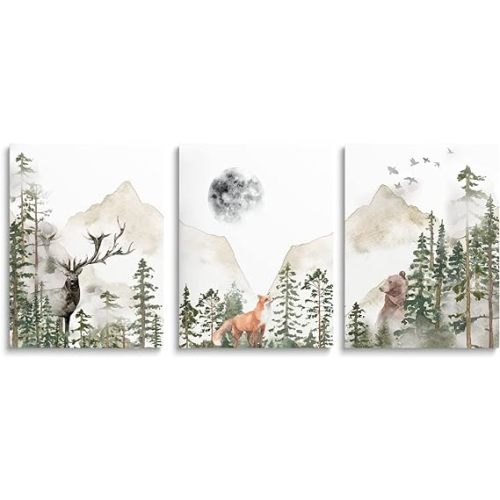 SKYSUKEY Nursery Wall Decor Wild Woodland Animals Wall Art Foggy Forest Wall Art Adventure Theme Nursery Decor Watercolor Mountain Wall Art Beige Green Canvas Prints for Boy's Room Girl's Room Nursery Room, Framed Canvas Wall Art, Set 3, 12"x16"