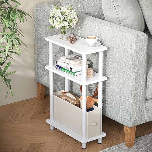 Apicizon Small Narrow Side Table, 3-Tier Skinny End Table with Fabric Basket, Slim Nightstand Bedside Table for Small Spaces, Living Room, Bderoom, White