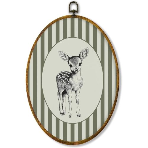 shiviody Sketch Baby Spotted Deer Nursery Canvas Wall Art Decor, Green Striped Nursery Decor, Forest Animal Oval Hanging Frame Prints Decorations for Home Kids Toddler Room Bedroom Playroom 8.6"x11.4"