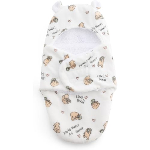Berkshire Sherpa & Loftmink Baby Swaddle - Hooded Pooh Sleep Sack with Fuzzy Bear Ear Details - Classic Pooh Prints for Newborns Infants 0-3 Months(Sweet As Hunny No Stripes White, 13’’×23.5’’)
