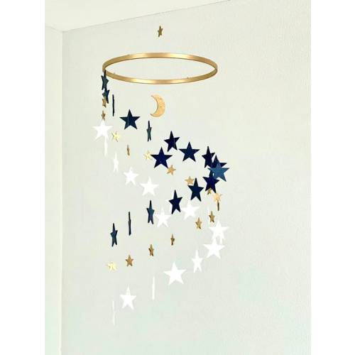 Gold and Navy and White Stars Baby Mobile Wood Stars and Moon - Gold, 12-inch