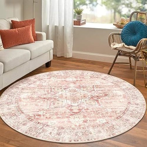 Pink Round Rug 6ft, Washable Boho Area Rug for Bedroom Living Room Dining Room Bedroom Kitchen, Soft Floral Vintage Distressed Carpet Non Slip, Boho Circle Rug for Home Decor