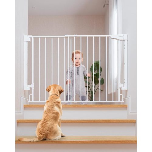 Cumbor 29.2-43" No Bottom Bar Baby Gate for Stairs, 2-in-1 Auto Close Dog Gate Indoor, Hardware Mounted Pet Gate for Doorways with Large Walk Thru Door, Child-Proof Safety Gate for Kids (White)