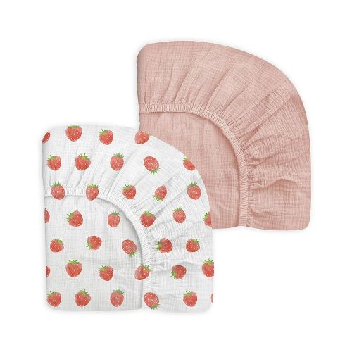 Crib Sheets for Baby Boy Girl 2 Pack, Fitted Crib Mattress Sheet 28" x 52", Muslin Toddler Bedding with Neutral Style, Nursery Bedding Essentials (Strawberry & Pale Pink)