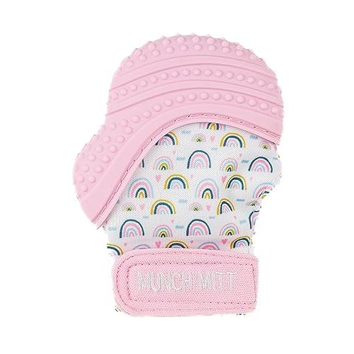 Malarkey Kids Patented Teething Mitten, Munch Mitt Baby Chew Toy - Protects Hands from Chewing & Saliva, Heals Aching Gums, Promotes Sound & Visual Stimulation for Babies - Pink Rainbow
