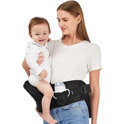 Baby Hip Carrier, Hip Carrier for Baby,Baby Carrier with Adjustable Long Waistbands, Ergonomic No-Slipped Seat for Newborns to Toddlers, Various Pockets(Black)