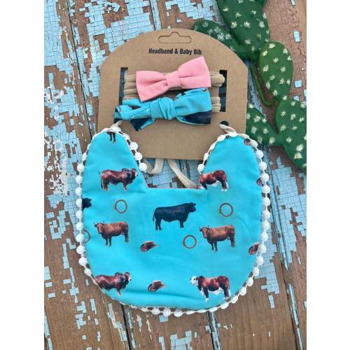 Turquoise cow baby bib and bow set
