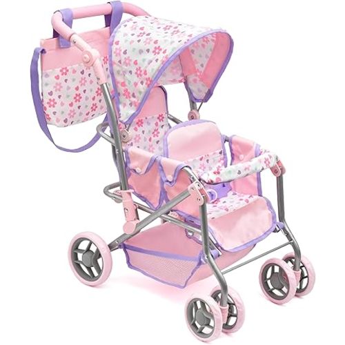 Doll Double Stroller, Twin Buggy Carriage Pretend Play for Girls Kids Toddlers 27 Inches High Rotating Wheels Storage Basket Diaper Bag Pink