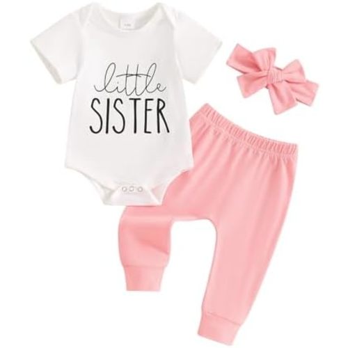 Newborn Baby girl clothes little sister Romper Lil Sis Short Sleeve Tshirt Pants Headband Summer Infant Clothes