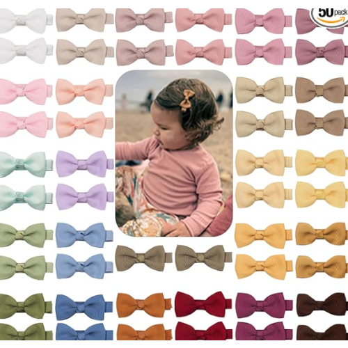CÉLLOT Baby Hair Clips 50PCS Baby Girls Fully Lined Baby Bows Hair Pins Tiny 2" Hair Bows Alligator Clips for Baby Girls Infants Toddlers in Pairs