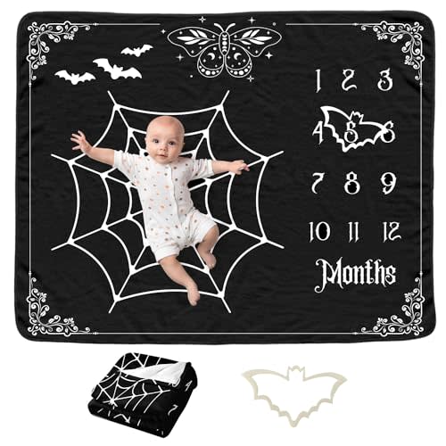 Gothic Baby Monthly Blanket for Boys, Goth Newborn Month Blanket, Soft Flannel Photography Background Prop Blanket, Moth Bat Halloween Personalized Shower Gift, Gothic