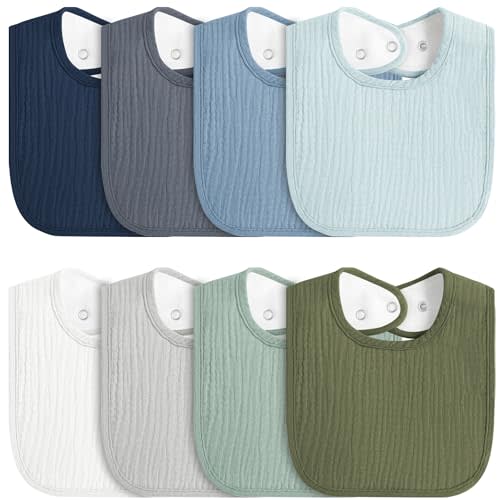 MairMore 8-Pack Baby Muslin Bibs, Soft Cotton Drool Bibs for Boys Girls, Adjustable and Absorbent Newborn Bib Set for Feeding and Drooling