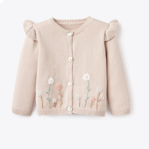 Taupe Flutter Sleeve Hand-Embroidered Baby Cardigan – Elegant Baby