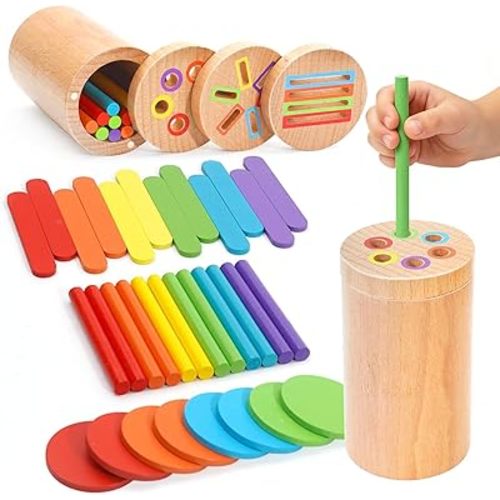 Montessori Toys for 1-3 Year Old, 3 in 1 Wooden Color Sorting Stacking Travel Toy for Toddlers 18+ Months with Magnetic Lid, Birthday Christmas Learning Gift for 2-4 Year Olds Boys Girls