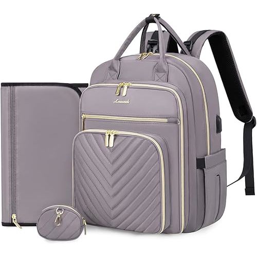 LOVEVOOK Diaper Bag Backpack, Quilted Baby Bag with Changing Pad & Pacifier Holder, Waterproof Travel Diaper Bags with USB Charging Port, Functional Durable Large Capacity, Purple Gray